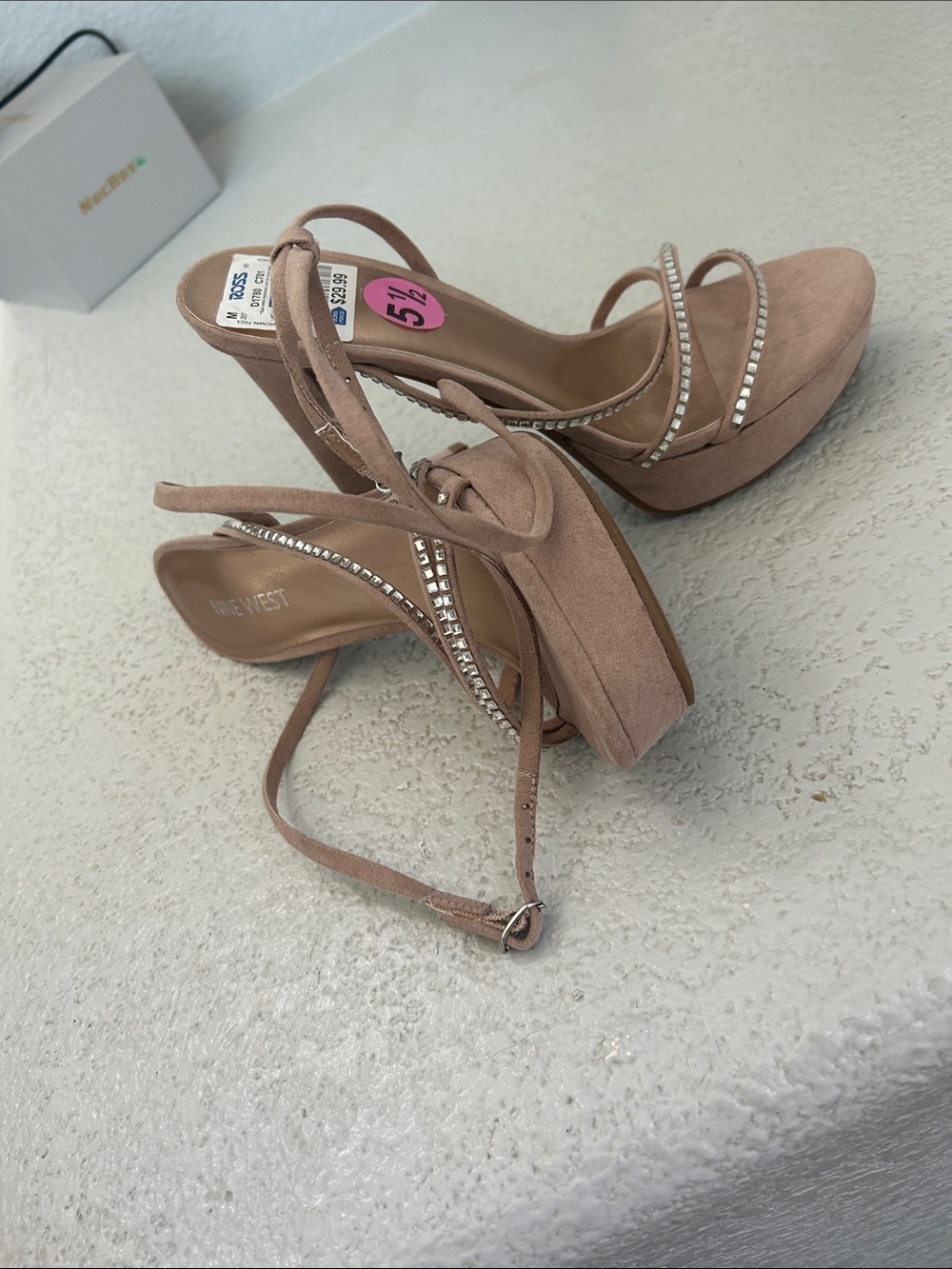 Guess Taupe Rhinestone Strappy High Heel Sandals